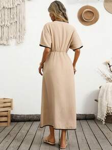 Breezaya 波西米亚风春季新款亚麻撞色滚边短袖连衣裙，松紧腰带，优雅休闲度假连衣裙 - 杏色 - 查看 3