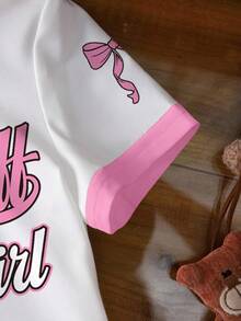 THE POWERPUFF GIRLS X SHEIN 女婴休闲日常通勤时尚街头可爱卡通字母蝴蝶结印花圆领短袖T恤 - 白色 - 查看 5