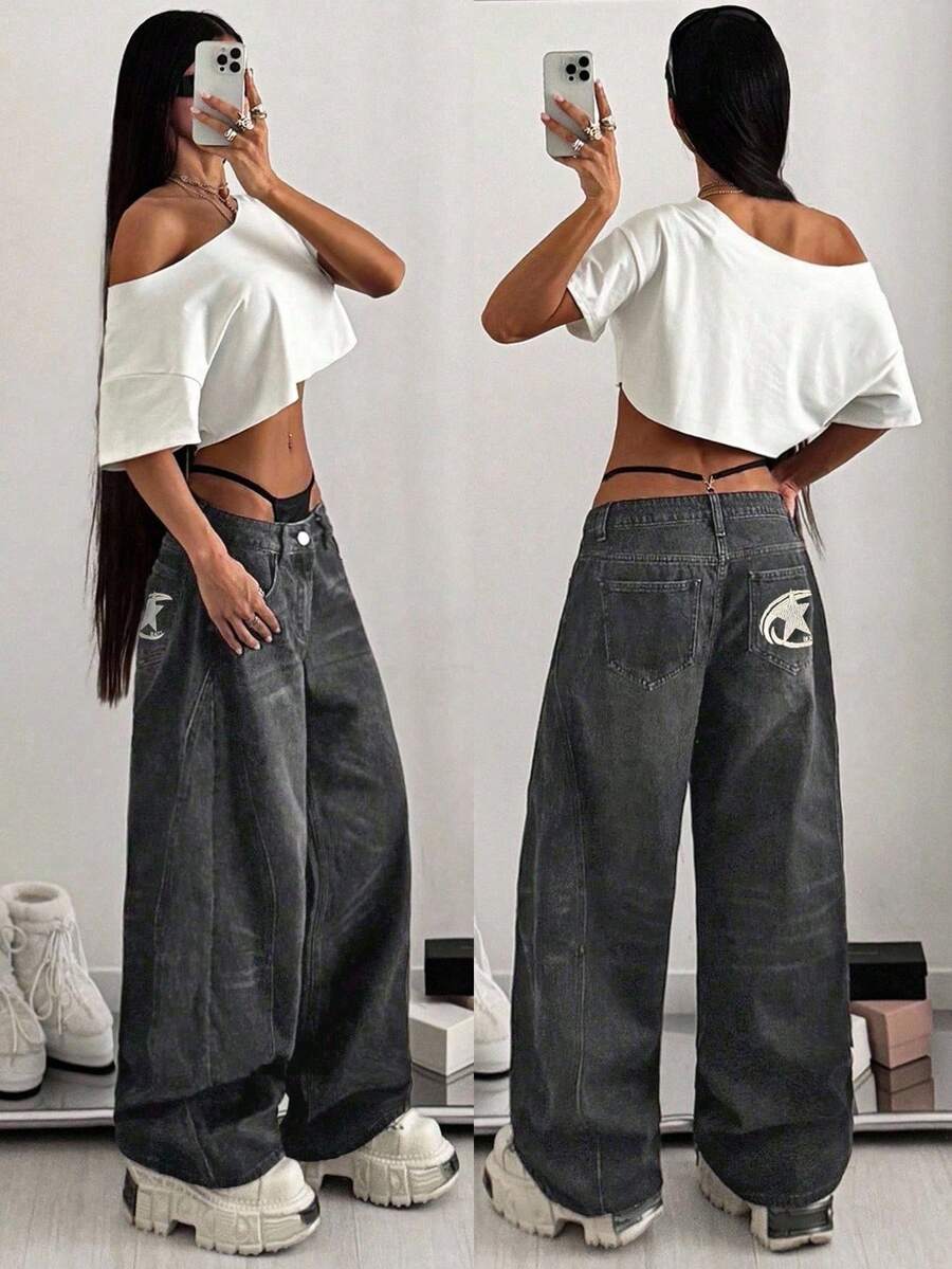 SHEIN HypeZone Quần jeans ống loe cạp thấp dáng suông thêu hình ngôi sao năm cánh dành cho nữ - Xám - Xem 1