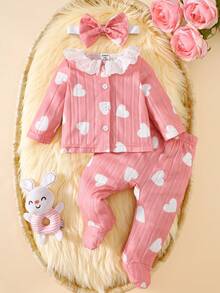 SHEIN 3件套女婴可爱甜美圆领蕾丝边长袖上衣+裤子+发带套装，粉色条纹樱桃印花图案，婴儿女童套装，休闲、舒适、时尚、简约、实用、多功能、柔软舒适的服装，适合作为礼物，每个宝宝的必备单品，四季皆宜，适合户外活动 - 珊瑚粉 - 查看 3