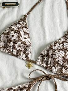 Swim Mod 2pcs/Set Women Summer Halter Floral Print Lace-Up Side Tie Bikini Set, Beach Vacation - Multicolor - View 4