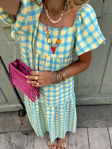 Selianne 黄绿格纹方领泡泡袖长款连衣裙 - 复古波西米亚风，适合度假、日常出行和休闲穿着，女士春夏连衣裙 - 彩色 - 查看 4