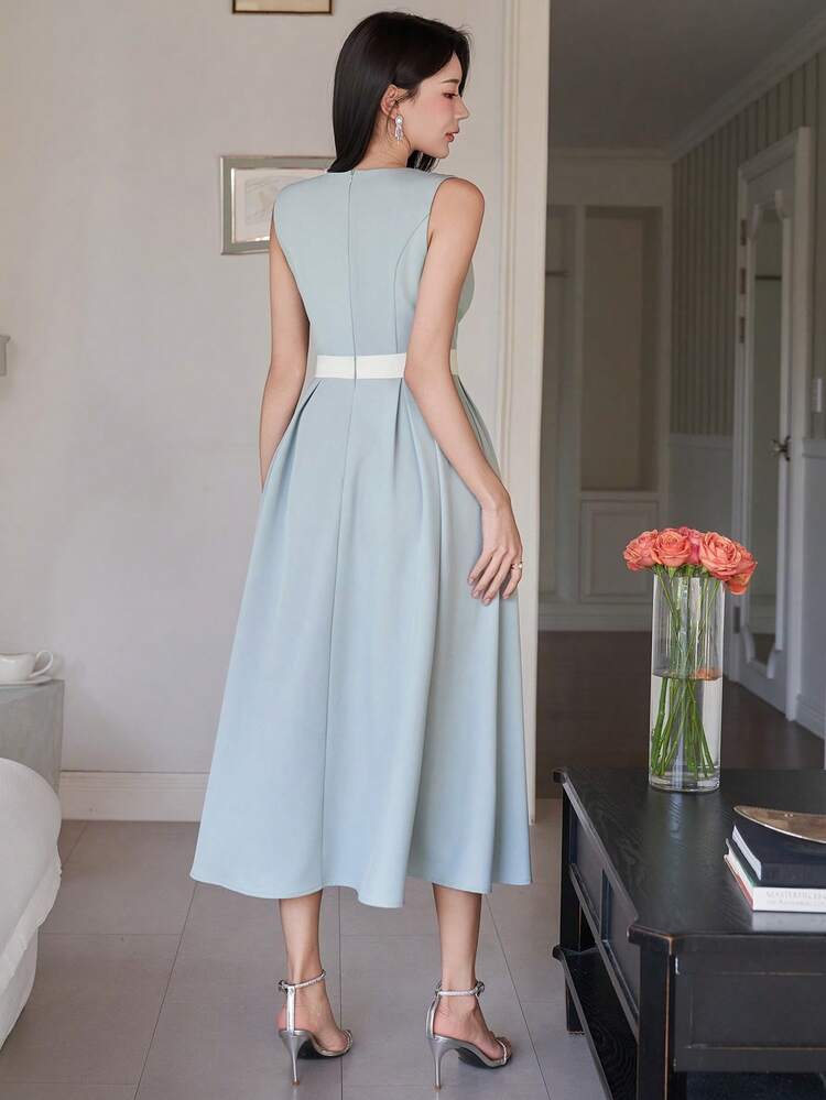 Women's Elegant Colorblock Bow Tie Waist Square Neck Sleeveless Dress, Summer Wedding Guest Dress Sundress