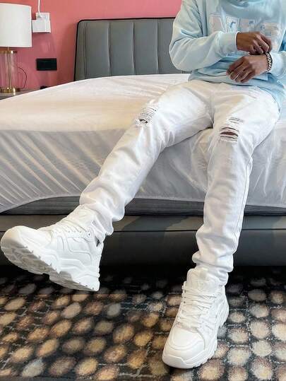 SHEIN Tween Boy Fashion Casual Y2k Vintage Cool Street Cut Out Ripped Frayed Basic Simple And Comfortable White Ripped Stretch Skinny Jeans For Dailywear And Spring And Summer Rave Festival And Streetwear