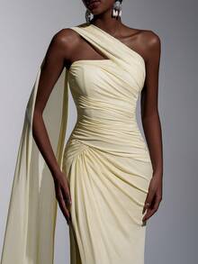 Elitara Elegant Yellow Metallic Shiny Mesh Strapless Asymmetric Neck Flounce Top Pleated Fishtail Side High Slit Dress, Suitable For Dates, Weddings, Events, Bridesmaid - Yellow - View 2