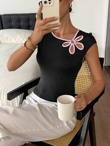 Siren Gaze Women's Asymmetrical Design Color Block Hollow Out Fitted T-Shirt,Summer Top - Multicolor - View 5