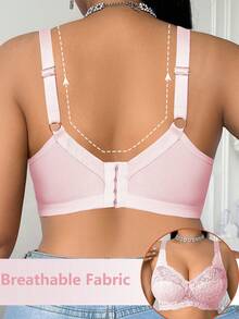 DesireSculpt 1pc Plus Size Lace Wireless Comfortable Breathable Bra - Pink - View 2