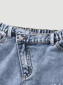 SHEIN Tween Girls Y2K Streetwear Casual Distressed Asymmetrisk Midja Mjuka Bekväma Ljustvättade Blå Jeans, Mångsidiga All-Match Vardagskläder, Vår/Sommar 2025 Nyheter - Ljustvätt - Visa 3