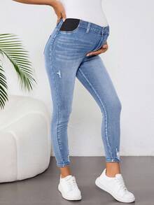 SHEIN Maternity Blue Denim Elastic Skinny Pants - Light Wash - View 4