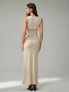 SHEIN Tall Đầm dài màu đen thanh lịch dành cho nữ, phối ren tinh tế, đầm dự tiệc sang trọng, đầm đón năm mới, đầm đen, trang phục đón năm mới, đầm dự tiệc năm mới. - Màu be - Xem 2