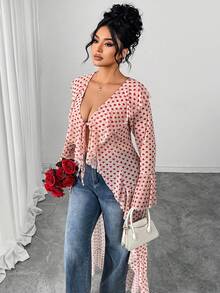 Modelyn Áo thun Maxi dự tiệc dài tay họa tiết trái tim thời trang dành cho nữ, cỡ lớn, viền bèo nhún, lãng mạn, thanh lịch - Nhiều màu - Xem 5