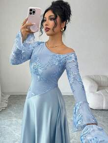 Modelyn 女士秋季棕色性感不对称肩部网纱刺绣长袖高腰A字连衣裙 - 藍色 - 查看 7