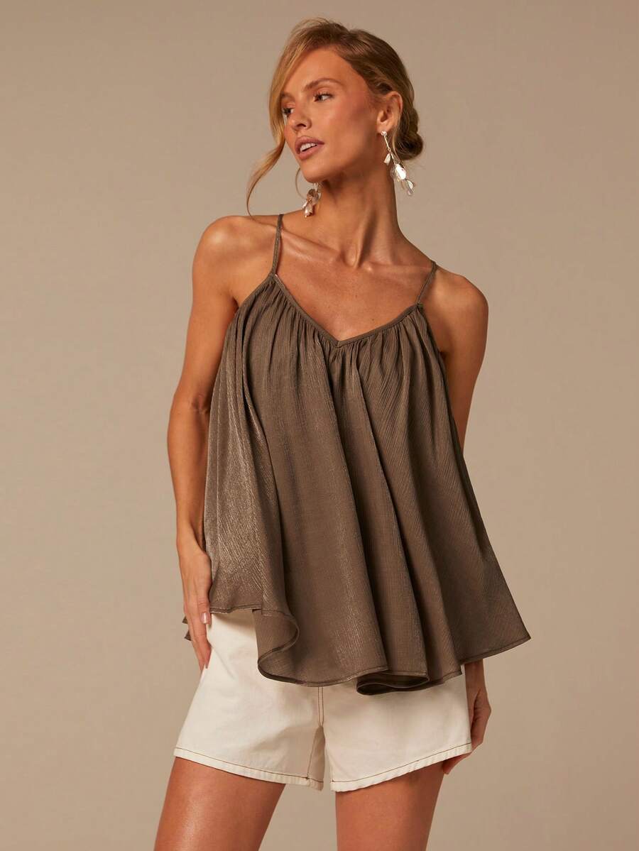 COSMINA V-Neck Camisole, Asymmetrical Hem, Ruched Design, Loose Fit, Women's Summer Camisole Top, Summer Holiday Cami Top, Brown Cami Top, BOHO Style, Best For Beach Vacation - Brown - View 1