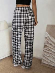 Dream Adore Women's Casual Pink Plaid Print Elastic Waist Straight Leg Pajama Pants - Black and White - View 2