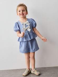 Maija Kids 2pcs/Set Girls Striped Contrast Color Bow Decor Puff Sleeve Top And Elastic Waist Shorts Set - Multicolor - View 4