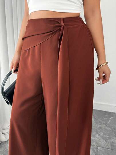 Elenzga Plus Size Women's Elegant Brown Ribbon Decor Structured Brown Pants, Office Commute Contrast Pocket Trousers, Graceful Vintage Style Casual Pants, Suitable For Graduation, Holidays, Valentine's Day, Music Festivals, Mother's Day, Halloween, Thanksgiving, Easter, National Day, Galas, Dates, Parties, Weddings, Outdoor Activities Women's Brown Pants Brown Pants For Women Paper Bag Pants High Waist Pants Bow Pants Women Wide Leg Pants