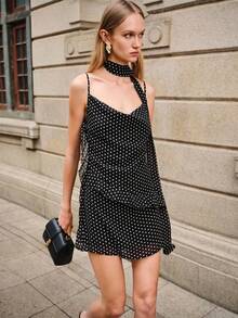 Lumivelle Valentine's Day Women's New Chiffon Polka Dot Ruffled Collar Super Long Ruffle Patchwork A-Line Waist Elegant Elegant Fashion Spaghetti Strap Dress, Spring/Summer  Summer Dress Black Dress Wedding Party Dress Black And White Polka Dot Dress Black Summer Dress Women - Black - View 1