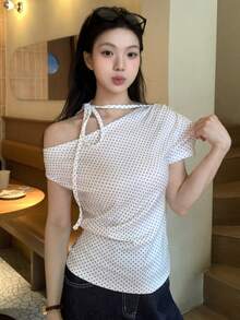 DAZY 女士波点系带露肩短袖T恤，韩版，春夏款 - 杏色 - 查看 6