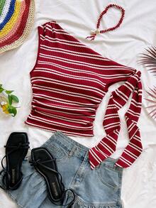 Soleia Blusa asimétrica con pliegues y rayas para mujer - Rojo y blanco - Ver 7