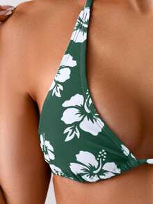 Swim Mod 女士全花卉印花扭纹挂脖式开叉比基尼套装，夏季海滩 - 彩色 - 查看 3