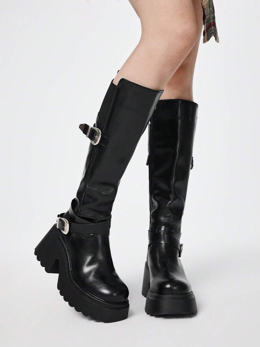 ROMWE Grunge Punk 女士朋克风厚底圆头过膝长靴，2025秋冬新款时尚皮革搭扣修身骑马靴 - 黑色 - 查看 1