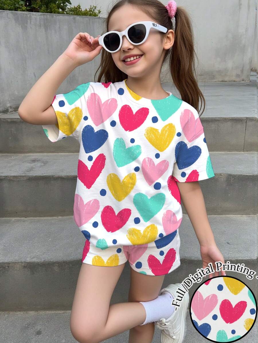 2件套少女休闲可爱爱心印花短袖T恤短裤套装，适合夏季穿着