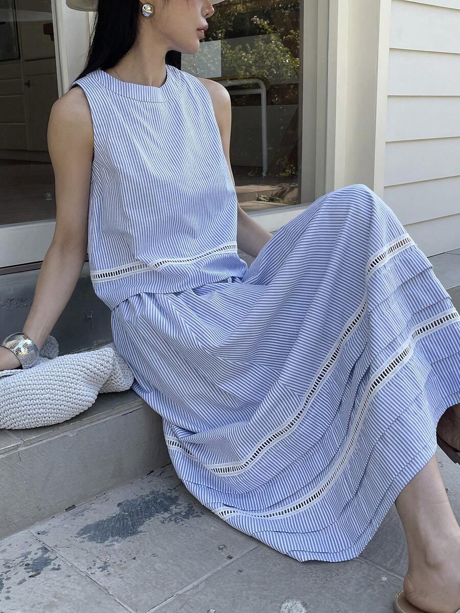 DAZY 女士休闲条纹蕾丝拼接无袖上衣和A字裙两件套，夏季 - 藍色 - 查看 1