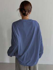 DAZY 纯色圆领宽松长袖长款女式T恤，秋季服装 - 霧霾藍 - 查看 2