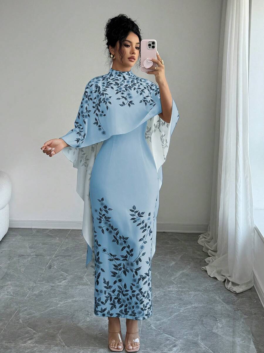 SHEIN Elenzya Elegant High Collar Floral Print Midi Dress With Cape - Blue - View 1