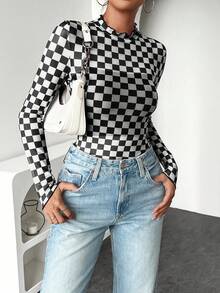 INAWLY Women's Casual Checkerboard Long Sleeve Fitted Top Fall Cloth For Women - Black and White - View 3