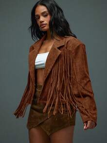 Hauture Women's Sexy Boho Faux Suede Dark Chocolate With Fringe Bold Shoulder Jacket - Brown - View 3