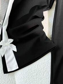 SHEIN 少女休闲正式优雅返校套装，黑白撞色蝴蝶结装饰圆领上衣搭配直筒撞色裤 - 黑與白 - 查看 7