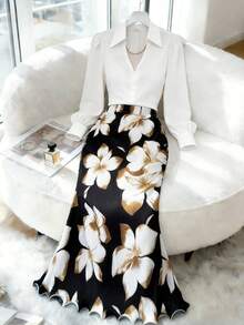 Elenzga Chân váy đuôi cá xếp ly cạp cao bằng vải satin in hoa thanh lịch, thời trang và sang trọng cho các dịp xuân/hè. - Nhiều màu - Xem 8