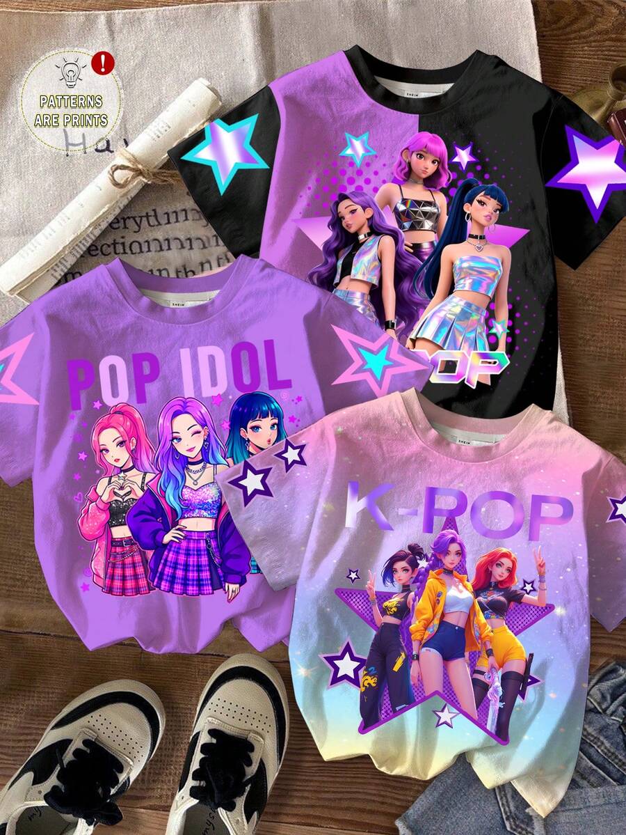 SHEIN 3件套 女童圆领卡通字母印花休闲百搭日常短袖T恤 - 彩色 - 查看 1