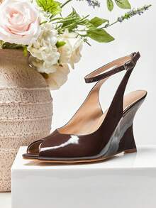 SHUZIA Ladies Peep Toe Ankle Strap Wedge Sandals - Chocolate Brown - View 5