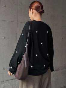FRIFUL Women Star Pattern Round Neck Drop Shoulder Long Sleeve T-Shirt, Autumn - Black - View 5
