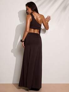 SHEIN BAE Đầm nữ màu trơn, cổ lệch, khoét rỗng, kiểu dáng thời trang, không tay. - màu nâu - Xem 2