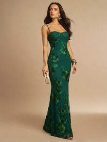 Silquee 3D Floral Sexy Bodycon Slip Dress ,Summer Dress,Elegant Dress - Dark Green - View 3