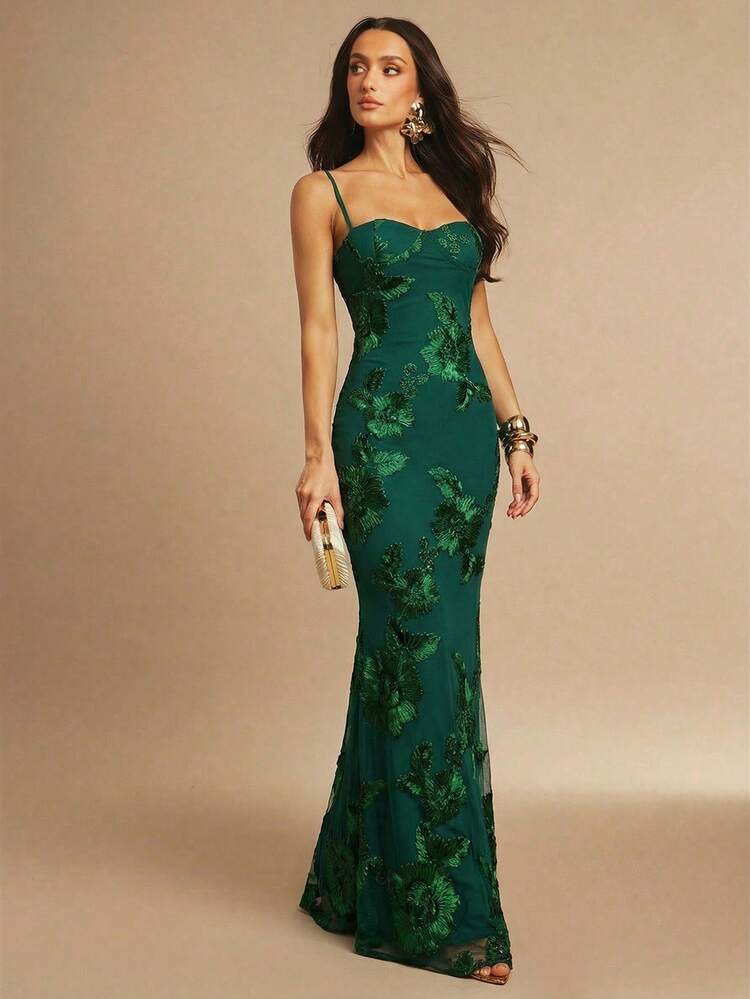 Silquee Vestido de tirantes ajustado con estampado floral 3D - Verde Oscuro - Añade 3