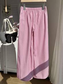 Sparklyn Tween Girls Loose Casual Chic Sports Textured Striped Wide Leg Pants, Suitable For Daily Commute, Leisure, Vacation, Gathering With Friends, Street Style, Spring/Summer - Pink - View 2