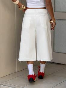 StreetHx Fashionable Casual Street Style Distressed Pocket Low-Waist 7/8 Length Jeans - White - View 2