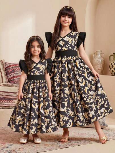 Glamorique Kids 复古优雅碎花短袖连衣裙，适合年轻女孩