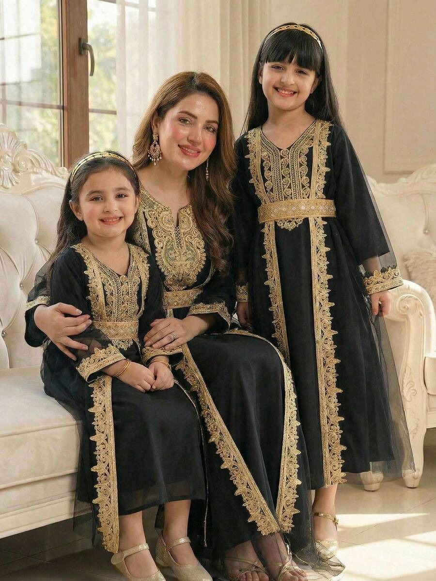 2pcs/Set Tween GirlsMesh Trim Cardigan & Sequin Collar Long Sleeve Dress, Suitable For Outings, Commuting, And Party Occasions - Black - View 1