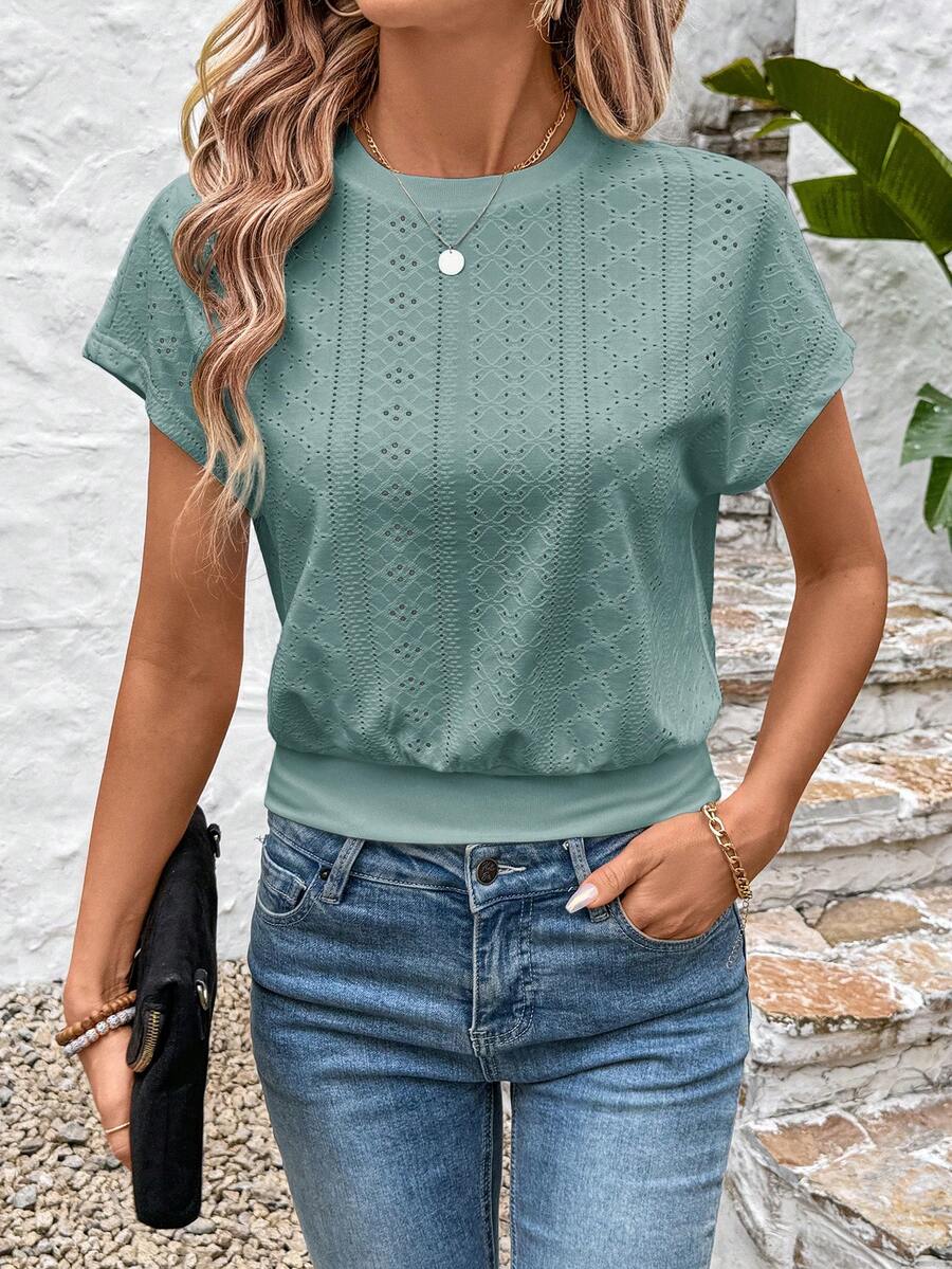 SHEIN LUNE Spring White Jacquard Fabric Romantic Date Vacation Women Short T-Shirt Solid Color Tops Summer Casual Tops Sage Green Top Short Sleeve Tops Knit Tops - Green - View 1