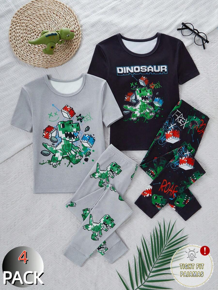2件套男童恐龙印花短袖上衣和打底裤睡衣套装 - 彩色 - 查看 1