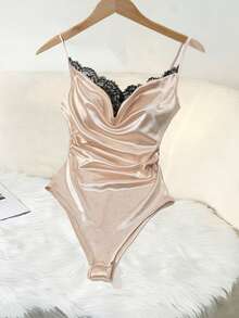 GlowEve Women's Elegant Bodysuit With Contrast Lace Design, Ideal For Parties And Outings - Champagne - View 4