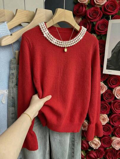 Franclia Tidig vår nyårsvibe elegant pärlstav rund hals flare ärm lös casual damtröja