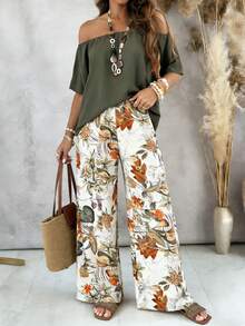 SHEIN PETITE 女士树叶印花不对称肩部上衣和直筒裤两件套休闲度假套装，春夏款 - 彩色 - 查看 3