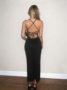 Sydney Algeri 女士修身性感高开叉交叉带系带长裙 - 黑色 - 查看 2