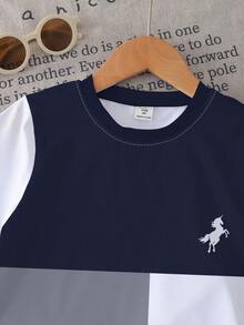 一套幼儿简约风格白色、灰色、藏青色拼接短袖短裤套装,无绒面料,舒适日常及春夏穿着 - 彩色 - 查看 5